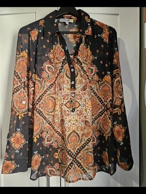 Paisley Button-Front Blouse in Black & Orange